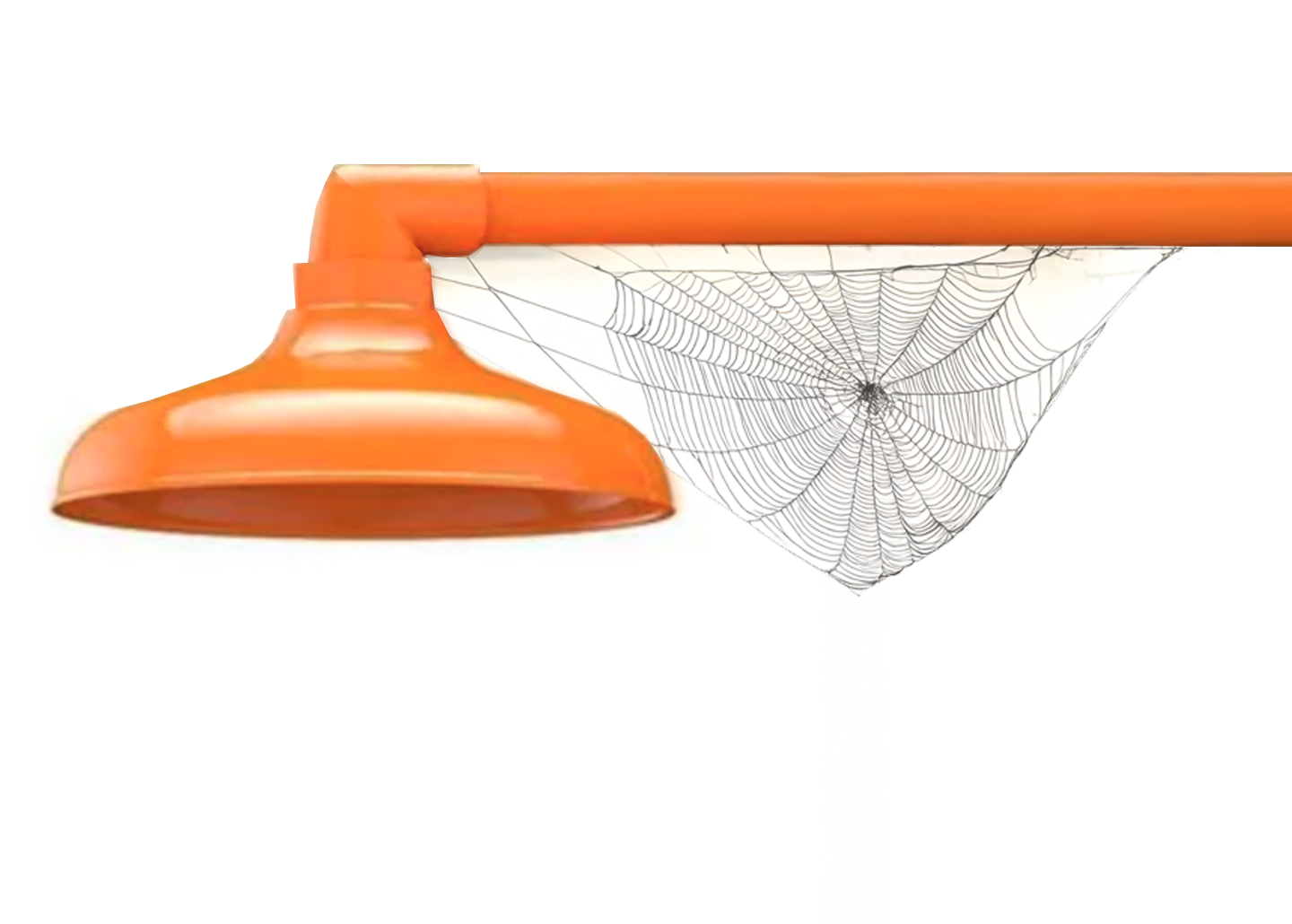 Orange safety shower with a spider web hanging from the pipe against a white background.